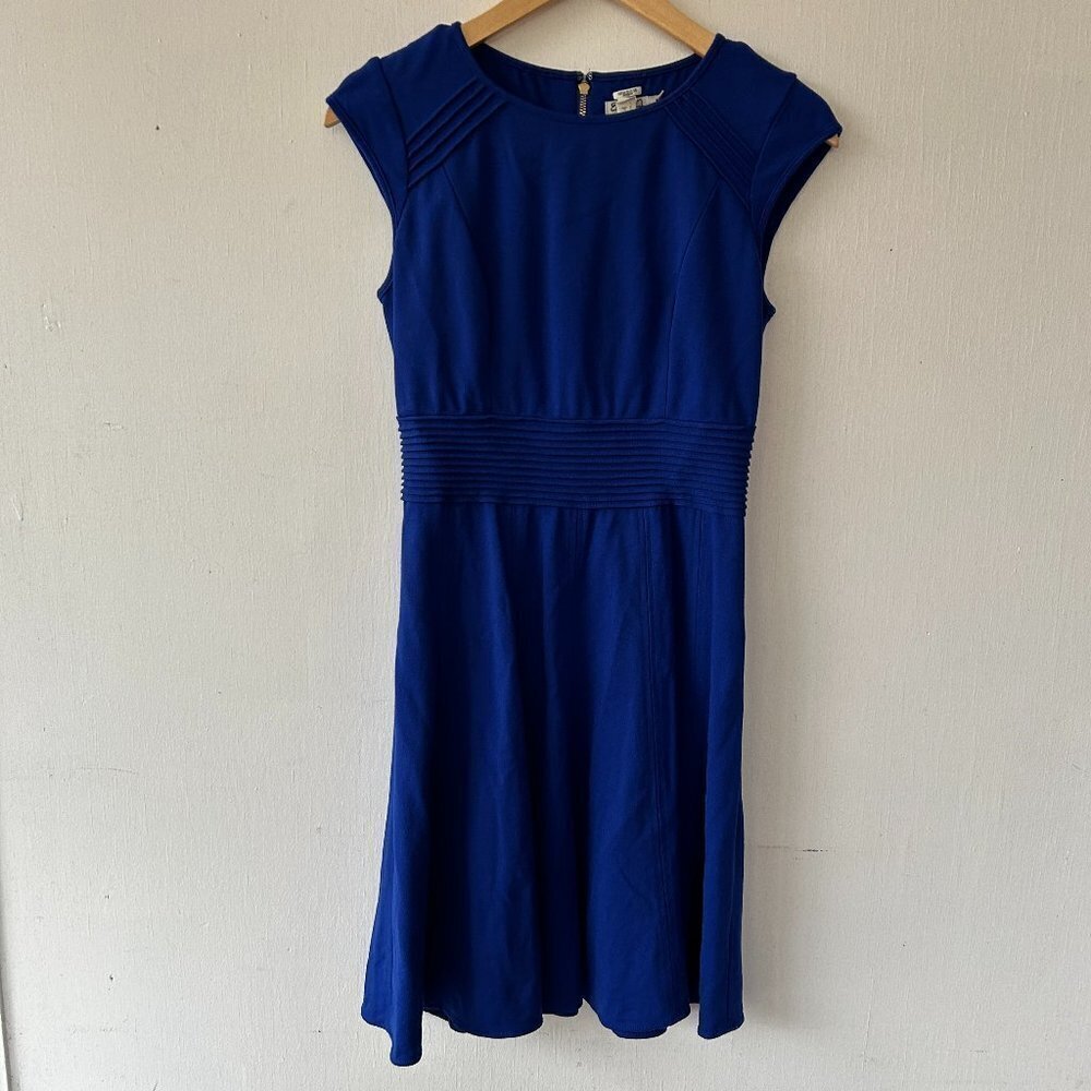 Eliza J Fit and Flare Dress Womens 6 Blue Cap Sleeve Rear Zip Office Corpcore